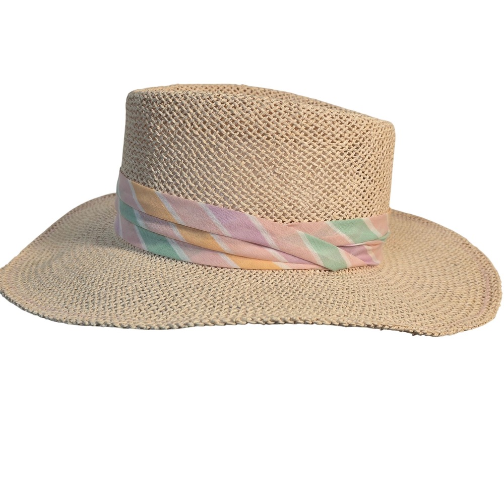Woven Straw Sun Hat with Pastel Striped Ribbon Band Wide Brim Fedora Style - Picture 8 of 16